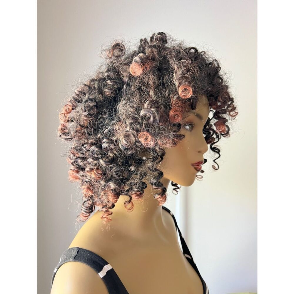 Amazon Short Curly Synthetic Wig in Black with Rose Gold Highlights